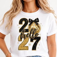 Hello 2027 Black Gold New Year Shirt, Disco Ball Bow Graphic Tee, Sparkly NYE Party T-Shirt, New Years Eve Outfit, Holiday Gift for Her