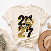 Hello 2027 Black Gold New Year Shirt, Disco Ball Bow Graphic Tee, Sparkly NYE Party T-Shirt, New Years Eve Outfit, Holiday Gift for Her