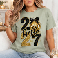 Hello 2027 Black Gold New Year Shirt, Disco Ball Bow Graphic Tee, Sparkly NYE Party T-Shirt, New Years Eve Outfit, Holiday Gift for Her