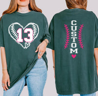 Personalized Baseball Number Shirt, Custom Name Tee, Player Number Heart T-Shirt, Baseball Mom Game Day Outfit, Sports Mom Gift, Front Back