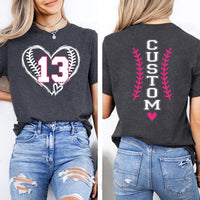Personalized Baseball Number Shirt, Custom Name Tee, Player Number Heart T-Shirt, Baseball Mom Game Day Outfit, Sports Mom Gift, Front Back