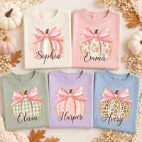 Personalized Pink Pumpkin Kids Shirt, Custom Name Toddler Tee, Baby Girl Thanksgiving Outfit, Pink Bow Fall Shirt, Thanksgiving Gift