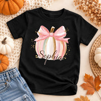 Personalized Pink Pumpkin Kids Shirt, Custom Name Toddler Tee, Baby Girl Thanksgiving Outfit, Pink Bow Fall Shirt, Thanksgiving Gift
