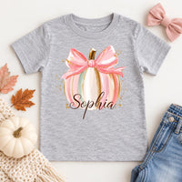 Personalized Pink Pumpkin Kids Shirt, Custom Name Toddler Tee, Baby Girl Thanksgiving Outfit, Pink Bow Fall Shirt, Thanksgiving Gift