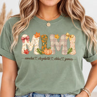Personalized Fall Mom Graphic Shirt, Custom Kids Names Mama Tee, Autumn Pumpkin Floral T-Shirt, Thanksgiving Family Outfit, Gift for Mom