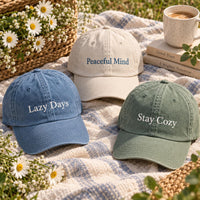 Personalized Positive Quote Embroidered Hat, Custom Text Name Cap, Bio Washed Cotton Cap, Minimalist Everyday Headwear, Gift for Her