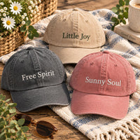 Personalized Positive Quote Embroidered Hat, Custom Text Name Cap, Bio Washed Cotton Cap, Minimalist Everyday Headwear, Gift for Her