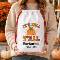 Personalized Fall Drawstring Bag, Custom Name Treat Sack, It's Fall Y'all Pumpkin Design, Autumn Gift Pouch, Reusable Keepsake for Kids