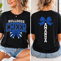 Personalized Cheerleader Shirt, Custom Team Name Cheer Tee, Front Back Bow Graphic Print, Cheer Squad Game Day Outfit, Custom Team Gift
