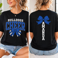 Personalized Cheerleader Shirt, Custom Team Name Cheer Tee, Front Back Bow Graphic Print, Cheer Squad Game Day Outfit, Custom Team Gift