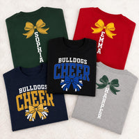 Personalized Cheerleader Shirt, Custom Team Name Cheer Tee, Front Back Bow Graphic Print, Cheer Squad Game Day Outfit, Custom Team Gift