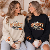 Personalized Spooky Season Sweatshirt, Custom Name Sleeve Crewneck, Halloween Party Crewneck, Retro Ghost Pumpkin Graphic, Halloween Gift