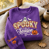 Personalized Spooky Season Sweatshirt, Custom Name Sleeve Crewneck, Halloween Party Crewneck, Retro Ghost Pumpkin Graphic, Halloween Gift