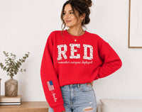 Personalized Red Friday Sweatshirt, Remember Everyone Deployed Crewneck, Custom Sleeve Name Pullover, Military Support, Deployment Gift