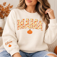 Personalized Mama Mini Fall Shirt, Custom Sleeve Name Pumpkin Sweatshirt, Autumn Mom Pullover, Thanksgiving Shirt, Gift for Mama