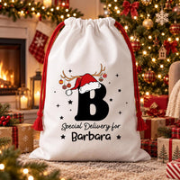 Personalized Santa Sack, Reindeer Initial Christmas Toy Sack with Name, Large Gift Bag, Monogram Christmas Sack, Kids Christmas Gift