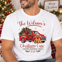 Personalized Family Christmas Shirt, Custom Last Name Holiday Tee, Vintage Red Truck Dog Design, Festive Family Crewneck, Christmas Gift