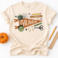 Personalized Halloween Name Shirt, Custom School Pennant Tee, Halloween Party Tee, Spooky Classroom Outfit for Students, Gift for Kids