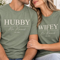 Personalized Hubby Wifey Matching Shirts, Custom Last Name Tees, Matching Couples Tee, His and Hers Wedding Outfit, Anniversary Gift