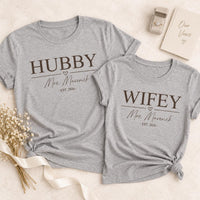 Personalized Hubby Wifey Matching Shirts, Custom Last Name Tees, Matching Couples Tee, His and Hers Wedding Outfit, Anniversary Gift