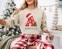 Personalized Christmas Initial Shirt, Custom Name Holiday Tee, Festive Santa Hat Letter Top, Family Matching Outfit, Holiday Gift for Kids