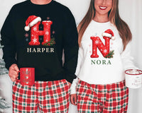 Personalized Christmas Initial Shirt, Custom Name Holiday Tee, Festive Santa Hat Letter Top, Family Matching Outfit, Holiday Gift for Kids