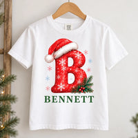 Personalized Christmas Initial Shirt, Custom Name Holiday Tee, Festive Santa Hat Letter Top, Family Matching Outfit, Holiday Gift for Kids