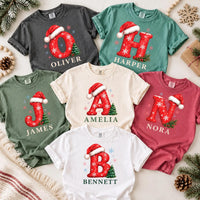 Personalized Christmas Initial Shirt, Custom Name Holiday Tee, Festive Santa Hat Letter Top, Family Matching Outfit, Holiday Gift for Kids