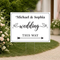 Personalized Wedding Yard Sign, Couple Names & Directional Arrow, Wedding Lawn Display, Metal H-Stake Included, Elegant Custom Couple Sign