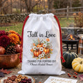 Personalized Fall Bridal Shower Bag, Pumpkin Drawstring Sack with Name, Autumn Wedding Gift Bag, Fall in Love Party Favor, Bride Keepsake
