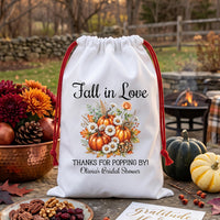 Personalized Fall Bridal Shower Bag, Pumpkin Drawstring Sack with Name, Autumn Wedding Gift Bag, Fall in Love Party Favor, Bride Keepsake