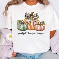 Grateful Thankful Blessed Thanksgiving Shirt, Pastel Pumpkin Bow Tee, Cute Fall Graphic T-Shirt, Autumn Outfit for Women, Holiday Gift