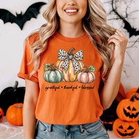 Grateful Thankful Blessed Thanksgiving Shirt, Pastel Pumpkin Bow Tee, Cute Fall Graphic T-Shirt, Autumn Outfit for Women, Holiday Gift