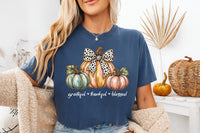 Grateful Thankful Blessed Thanksgiving Shirt, Pastel Pumpkin Bow Tee, Cute Fall Graphic T-Shirt, Autumn Outfit for Women, Holiday Gift