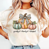 Grateful Thankful Blessed Thanksgiving Shirt, Pastel Pumpkin Bow Tee, Cute Fall Graphic T-Shirt, Autumn Outfit for Women, Holiday Gift