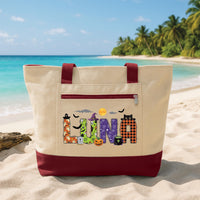 Personalized Halloween Tote Bag with Zipper, Custom Name Canvas Bag, Colorful Spooky Letter Design, Seasonal Zipper Tote, Halloween Gift