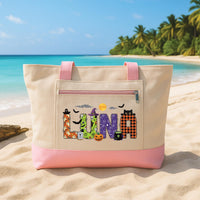 Personalized Halloween Tote Bag with Zipper, Custom Name Canvas Bag, Colorful Spooky Letter Design, Seasonal Zipper Tote, Halloween Gift