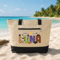 Personalized Halloween Tote Bag with Zipper, Custom Name Canvas Bag, Colorful Spooky Letter Design, Seasonal Zipper Tote, Halloween Gift
