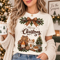 Cozy Neutral Merry Christmas Graphic Shirt, Rustic Cocoa Holiday Tee, Evergreen Bow T-Shirt, Festive Family Christmas Tee, Holiday Gift