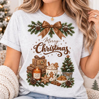 Cozy Neutral Merry Christmas Graphic Shirt, Rustic Cocoa Holiday Tee, Evergreen Bow T-Shirt, Festive Family Christmas Tee, Holiday Gift