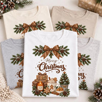 Cozy Neutral Merry Christmas Graphic Shirt, Rustic Cocoa Holiday Tee, Evergreen Bow T-Shirt, Festive Family Christmas Tee, Holiday Gift
