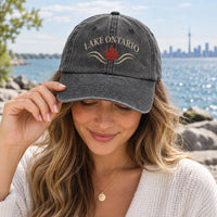 Lake Ontario Embroidered Hat, Canadian Maple Leaf Wave Design, Bio Washed Cotton Cap, Great Lakes Travel Souvenir, Everyday Cap Gift
