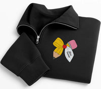 Personalized Teacher Embroidered Quarter Zip Sweatshirt, Custom Name Pullover, Pencil Bow School Top, Classroom Outfit, Gift for Teacher