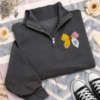 Personalized Teacher Embroidered Quarter Zip Sweatshirt, Custom Name Pullover, Pencil Bow School Top, Classroom Outfit, Gift for Teacher