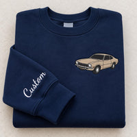 Custom Car Embroidered Sweatshirt, Personalized Vehicle Hoodie, Auto Lover Shirt, Cozy Hobby Crewneck, Hobby Gift for Car Enthusiast