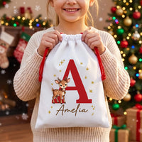 Personalized Santa Sack, Christmas Toy Sack with Name Initial, Cute Character Sack for Kids, Reusable Kids Santa Bag, Named Christmas Gift