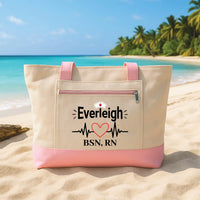 Personalized Nurse Tote Bag with Zipper, Custom RN Name Canvas Tote, Hospital Shift Essentials Bag, Nurse Appreciation Gift for RN