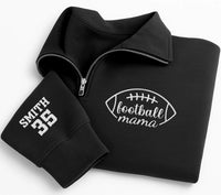 Personalized Football Mom Embroidered Quarter Zip Sweatshirt, Custom Name Number Sleeve, Mama Cozy Pullover, Team Spirit Top, Gift for Mom
