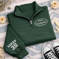 Personalized Football Mom Embroidered Quarter Zip Sweatshirt, Custom Name Number Sleeve, Mama Cozy Pullover, Team Spirit Top, Gift for Mom