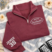 Personalized Football Mom Embroidered Quarter Zip Sweatshirt, Custom Name Number Sleeve, Mama Cozy Pullover, Team Spirit Top, Gift for Mom